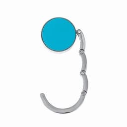 A turquoise drink bottle holder with a silver, curved arm for hanging. It features a circular top and a sleek design.