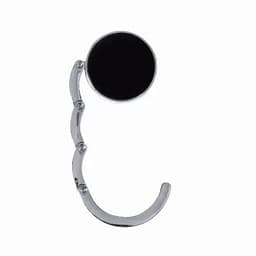 A chrome-finished bag holder with a black circular top and a curved design.