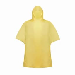 A yellow rain poncho with a hood and short sleeves, featuring a simple, unembellished design.