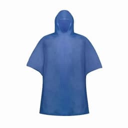 A blue poncho with a hood, featuring a loose fit and smooth texture. It has a simple design without any logos.