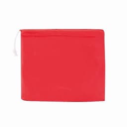 A red promotional bag with a drawstring closure and a simple design, featuring a logo.
