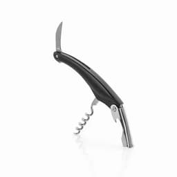 A corkscrew with a black handle and stainless steel components, featuring a knife and a spiral corkscrew.