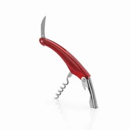 A corkscrew with a red handle, featuring a knife blade and a metal corkscrew lever.
