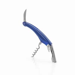 A corkscrew tool with a blue handle and metal components, featuring a knife blade and bottle opener.