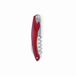 A corkscrew with a red plastic handle and a stainless steel spiral. It features a bottle opener and has a logo.