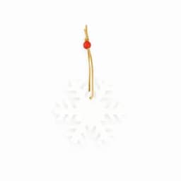 A snowflake-shaped ornament in white with a red bead and a gold string for hanging.