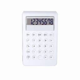 A calculator in white with a digital display and standard numeric and function buttons.