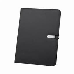 A black folder with a sleek design and a silver clasp. It features a smooth texture and a professional appearance.