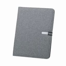 A grey folder with a textured finish and a clip closure. It features a branding logo on the front.