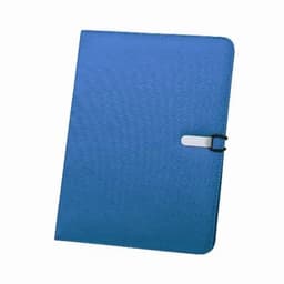 A blue folder with a textured finish and a metal clasp. It features a logo on the cover.