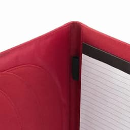 A red folder with a notepad inside, featuring lined pages and a simple design.