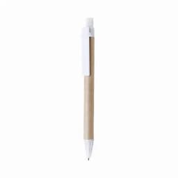 A pen with a brown paper barrel and a white plastic clip and tip, featuring a simple design.