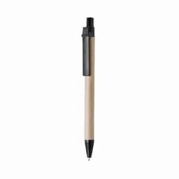 A pen with a natural wooden barrel and a black plastic top and tip. It features a simple design and branding logo.