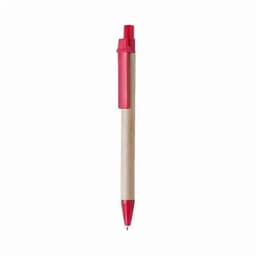 A pen with a red cap and tip, featuring a natural wood body and a logo on the side.