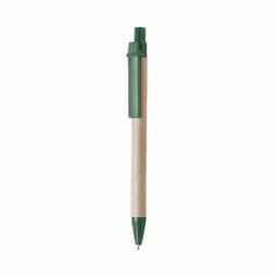 A green and beige pen with a logo on the barrel. The pen features a retractable tip and green cap.