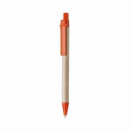 A pen with a natural wood barrel and bright orange details, featuring a branded logo.