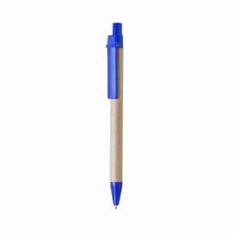 A blue ballpoint pen with a natural kraft paper barrel and a blue cap. Features a logo on the barrel.