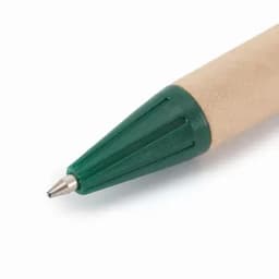 A pen with a green plastic tip and a natural wood body, featuring a textured grip for ease of use.