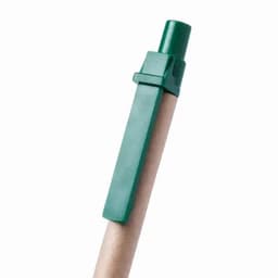 A green pen with a clip, featuring a recycled paper barrel. The pen has a smooth, cylindrical design.