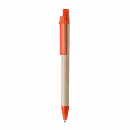 A ballpoint pen with an orange cap and tip, featuring a brown paper barrel. It has a clip and a logo on the barrel.