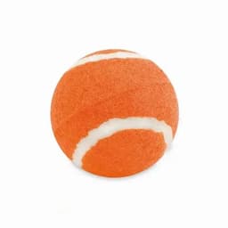 An orange tennis ball with white stripes, featuring a textured fuzzy surface.
