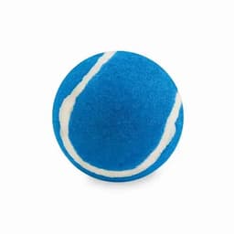 A blue tennis ball with a white line running around it, featuring a textured surface and a round shape.