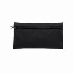 A black zippered pouch with a smooth texture, ideal for storing small items. It features a simple design and logo.