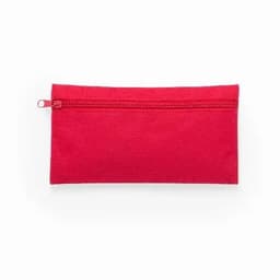 A red zippered pouch featuring a simple design and a smooth fabric finish.