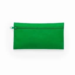 A green pouch with a zip closure, featuring a smooth texture and simple design.