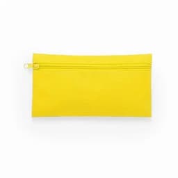 A yellow pencil case with a zip closure, featuring a textured surface. It has no branding visible.