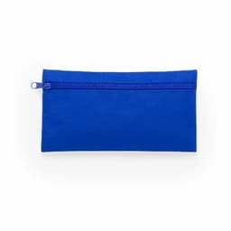 A blue zippered pouch made of fabric, featuring a simple design with a single zipper closure.