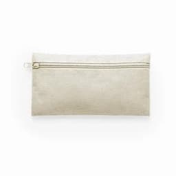 A zippered pouch in a light beige hue, featuring a textured surface and silver zipper detail.