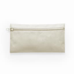 A zippered pouch in a light beige colour with a smooth fabric surface.