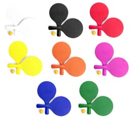 A set of eight table tennis paddles in various colours: white, black, red, yellow, orange, pink, green, and blue, each with a ball.
