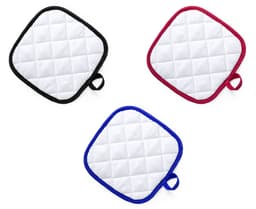 Three quilted pot holders in black, red, and blue, each with a loop for hanging.