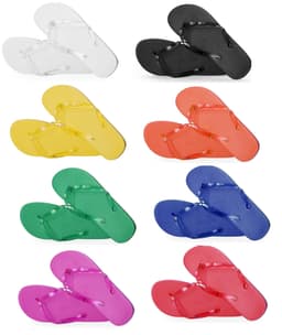 A collection of flip-flops in various colours, including white, black, yellow, orange, green, blue, and pink. Each pair has a logo.