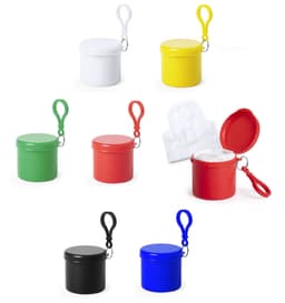 A set of eight circular containers in various colours: green, red, black, blue, white, yellow, with clips attached.