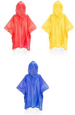 A set of three ponchos in red, yellow, and blue, featuring hoods and a loose-fit design. Each poncho has a simple style.