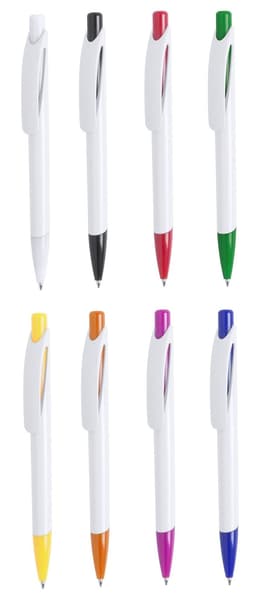 A collection of eight pens in various colours, including black, green, purple, orange, yellow, and red, with white bodies.