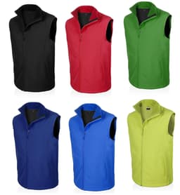 A collection of six vests in black, red, green, blue, yellow, and dark blue, featuring a zip front and no sleeves.