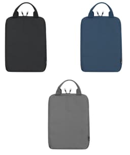 A set of three laptop cases in black, navy blue, and grey, each with handles and zippers.