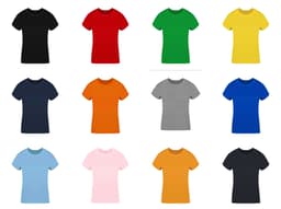 A collection of t-shirts in various colours, including black, red, green, yellow, navy, orange, grey, blue, light blue, pink, and orange. Each shirt has a simple crew-neck design.