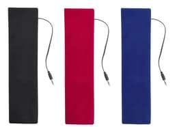 Three promotional product covers in black, red, and blue, each with a headphone jack attached.