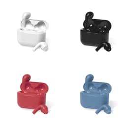 Four pairs of wireless earbuds in white, black, red, and blue, each with matching charging cases.