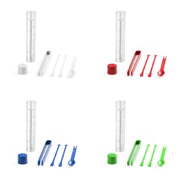 A drink bottle appears in four colours: clear, blue, red, and white, accompanied by measuring tools in matching hues.