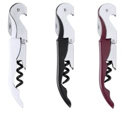 A corkscrew set featuring three colours: white, black, and burgundy, each with a shiny metallic finish.
