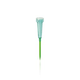 A rain gauge meter in clear plastic with a green stake, measuring up to 40 L/m². It features a simple design.