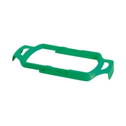 A green plastic holder designed for securing trash bags, featuring grips on both ends for easy handling.