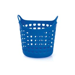 A blue multipurpose basket with a perforated design and two handles. It features a branding logo.