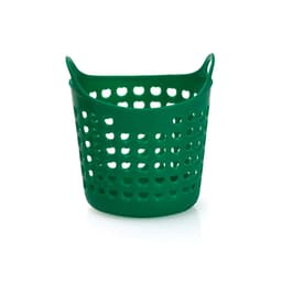 A green multipurpose basket with a perforated design and two handles. It has a circular shape and is made of plastic.